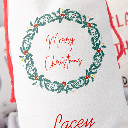 Personalised Santa Sack - Merry Christmas Wreath Any Name