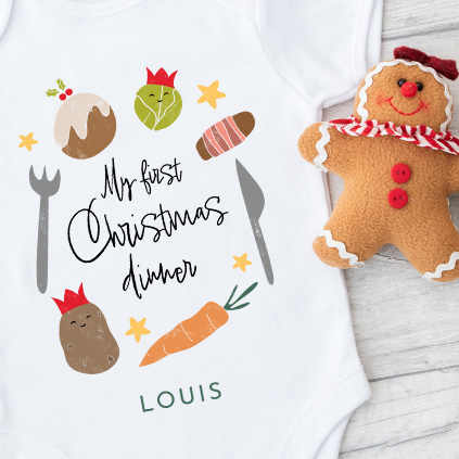Personalised First Christmas Dinner Baby Grow