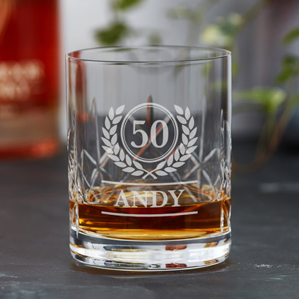 Engraved Wreath Monogram Crystal Whisky Glass
