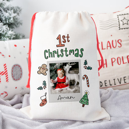 Personalised 1st Christmas Polaroid Photo Santa Sack