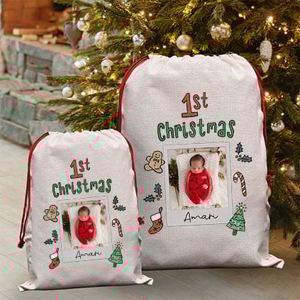 Personalised 1st Christmas Polaroid Photo Santa Sack Personalised 1st Christmas Polaroid Photo Santa Sack
