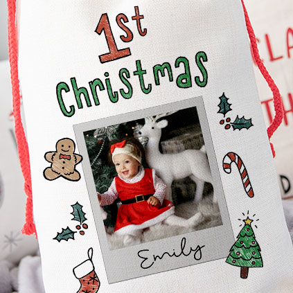 Personalised 1st Christmas Polaroid Photo Santa Sack