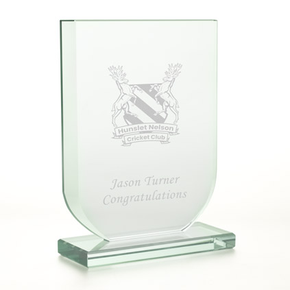 Logo Engraved Shield Heavyweight Glass Trophy Award 15cm