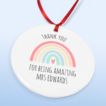 Personalised Watercolour Rainbow Round Bauble Teacher Keepsake Gift