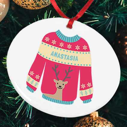 Personalised Christmas Jumper Round Bauble 6 Colours