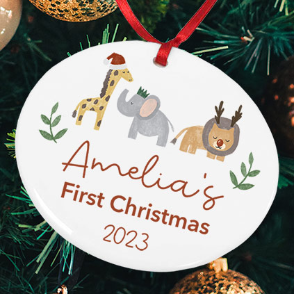Personalised Jungle Animals Name's First Christmas Bauble