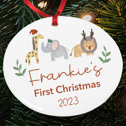 Personalised Jungle Animals Name's First Christmas Bauble