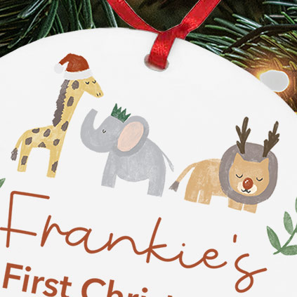 Personalised Jungle Animals Name's First Christmas Bauble