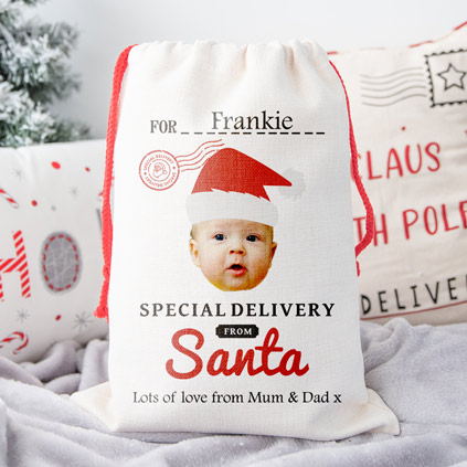 Personalised Face Upload Santa Sack With Name And Message