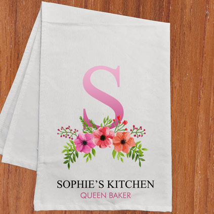 Personalised Tea Towel - Initial And Name Floral Design