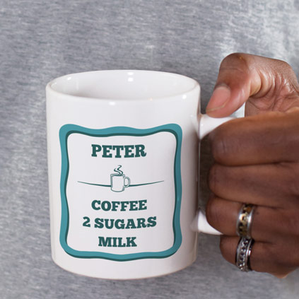 Personalised Mug - Coffee, Tea, Milk, Sugar Choose Colour