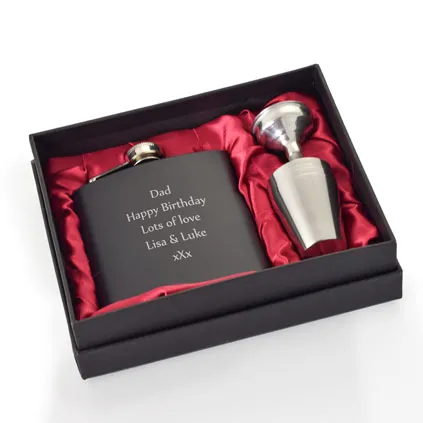 Black Personalised Hip Flask Set