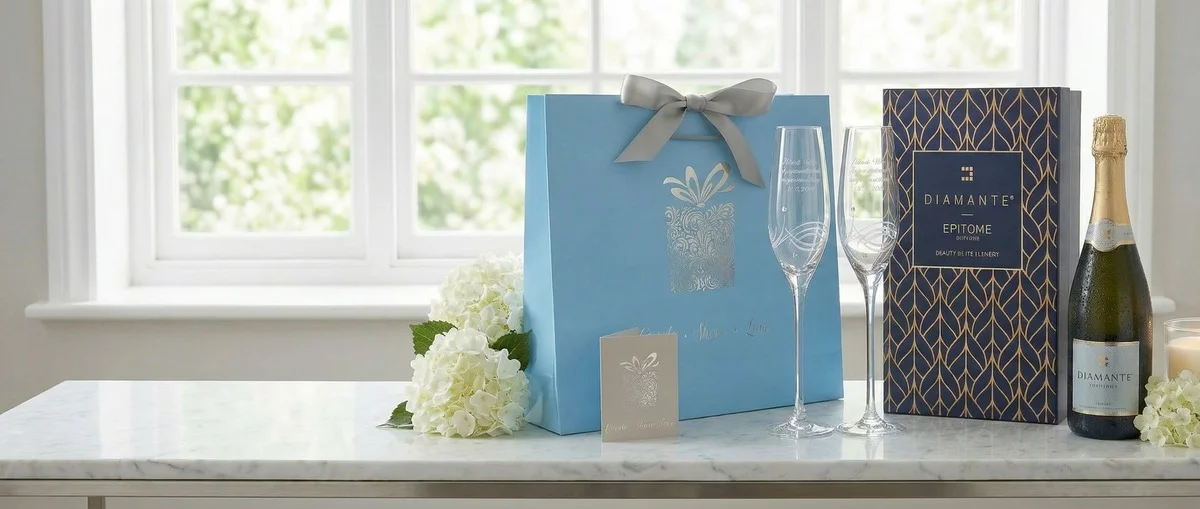 Personalised Champagne Flutes and Gift Set on Marble Table