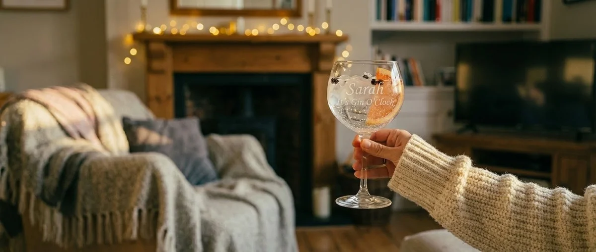Cozy lifestyle shot of engraved gin copa glass by fireplace