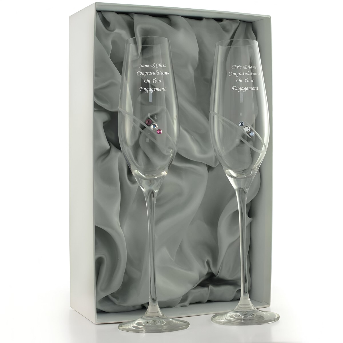 Personalised Swarovski Champagne Flutes With Lilac And Blue Rings Design