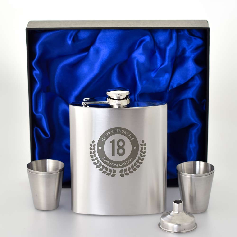 Personalised Hip Flask Set - Birthday Badge - Click Image to Close