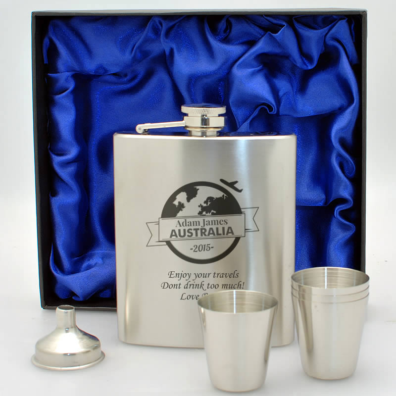 Personalised Hip Flask Set - Traveller - Click Image to Close