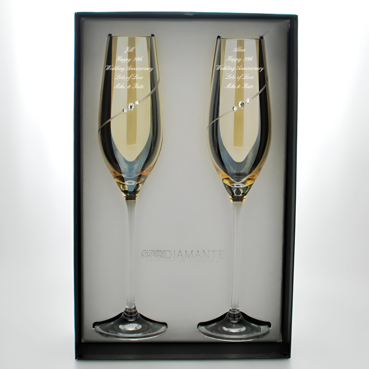 Personalised Gold Champagne Flutes With Swarovski Elements Personalised Gold Champagne Flutes With Swarovski Elements
