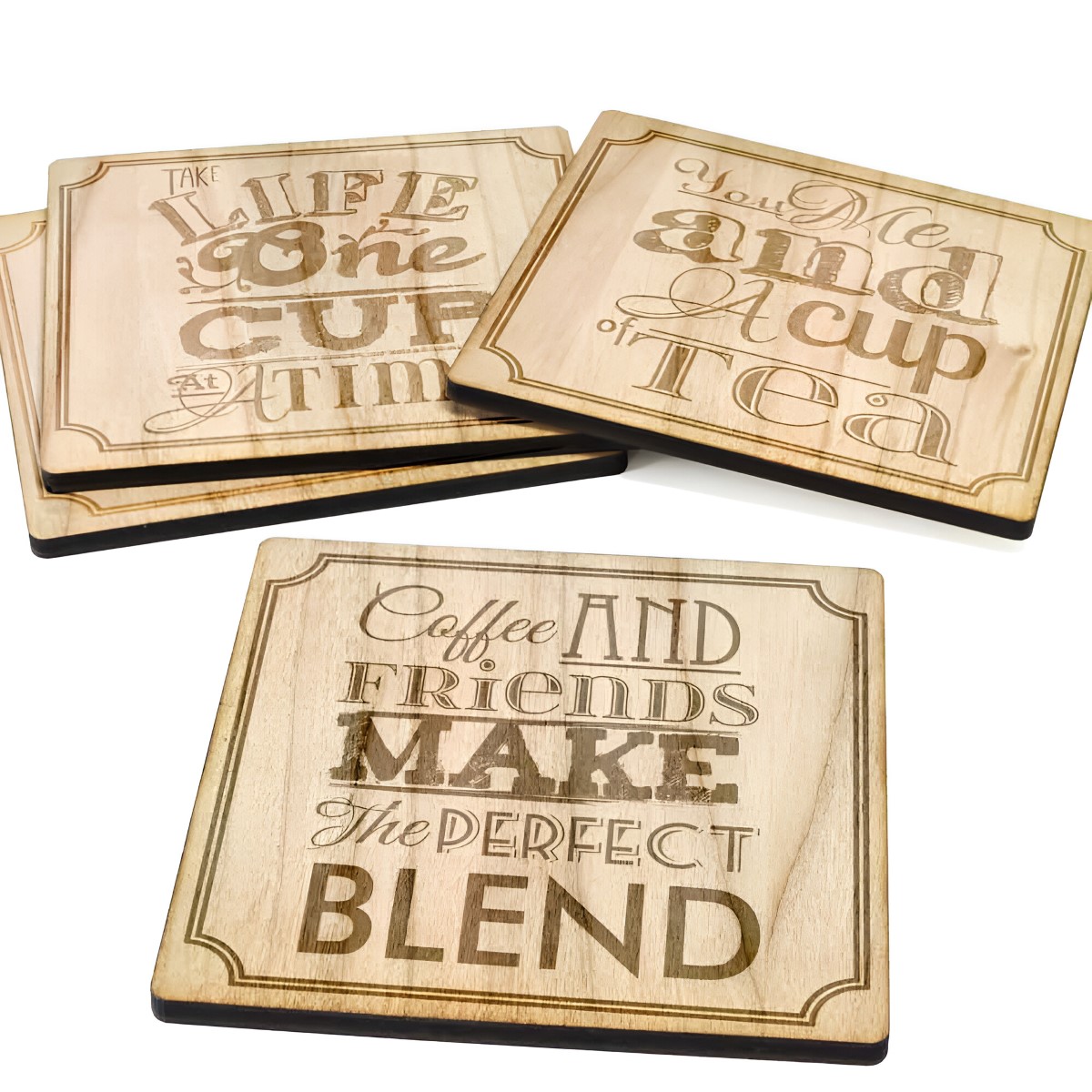 Set of four wooden 'Tea & Coffee' coasters