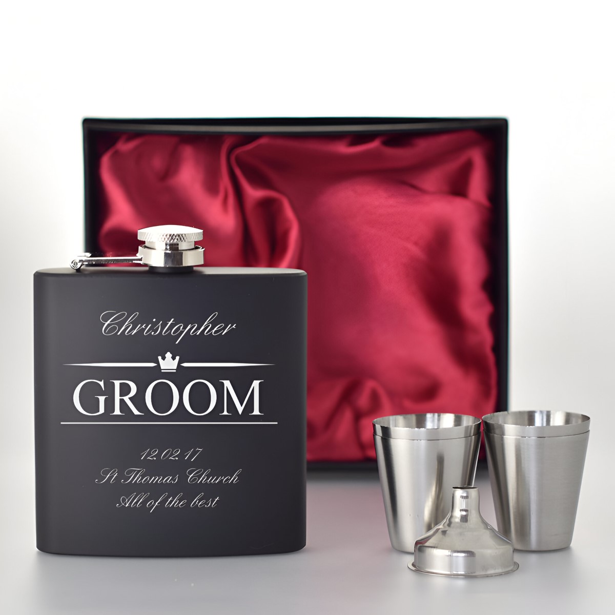 Personalised Black Hip Flask Set For The Groom - Click Image to Close