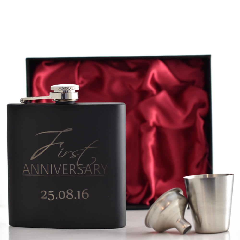 Personalised 'First Anniversary' Hip Flask - Click Image to Close