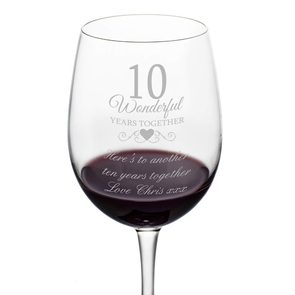 Personalised 'Ten Wonderful Years' Wine Glass - Click Image to Close