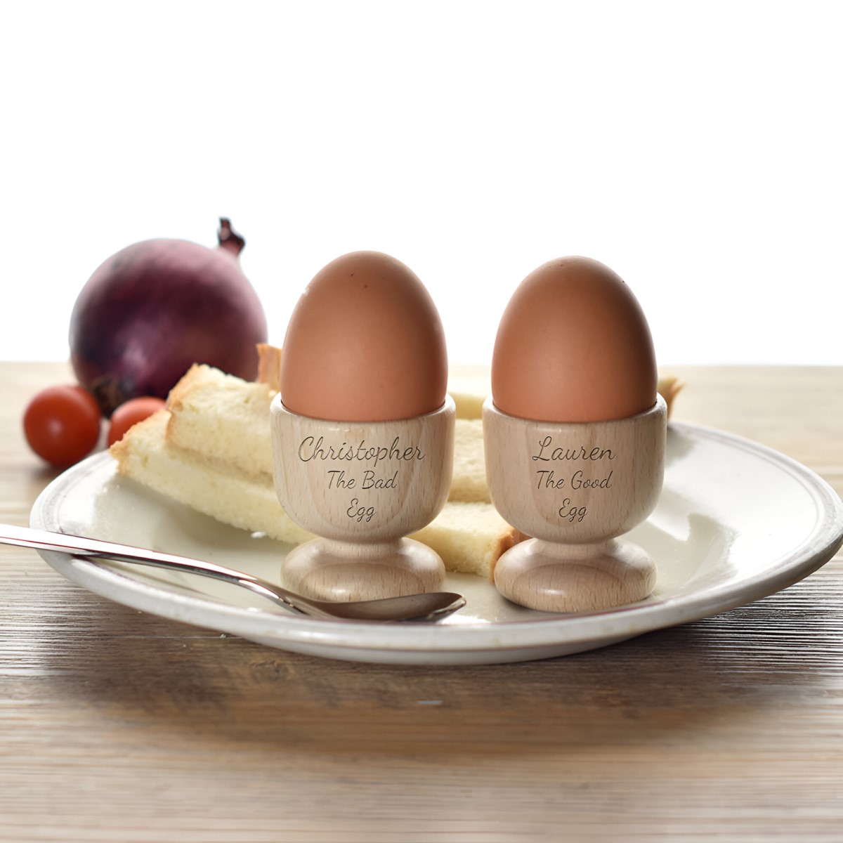 Personalised Engraved Beech Egg Cups Pair - Click Image to Close