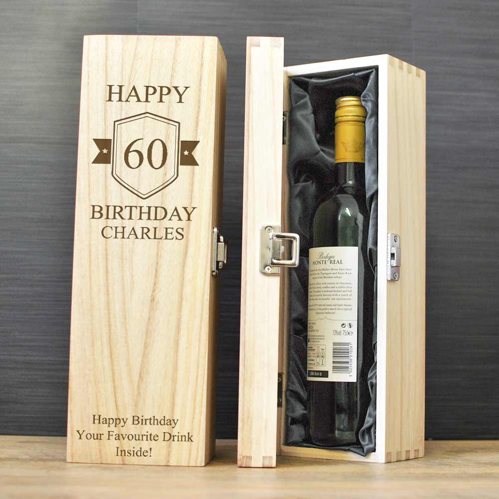 Personalised Birthday Badge Hinged Wine Box Any Age - Click Image to Close
