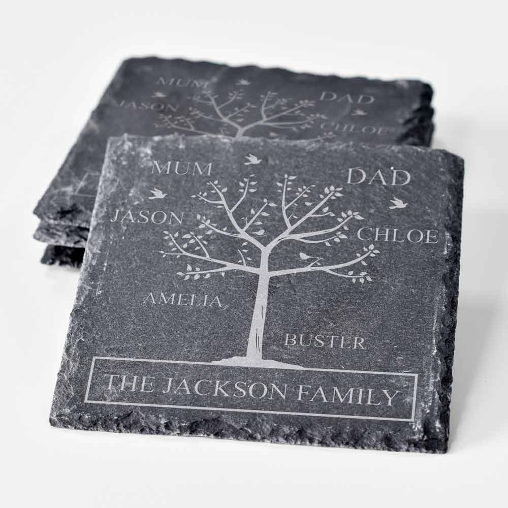 Personalised Family Tree Slate Coaster Set - Click Image to Close