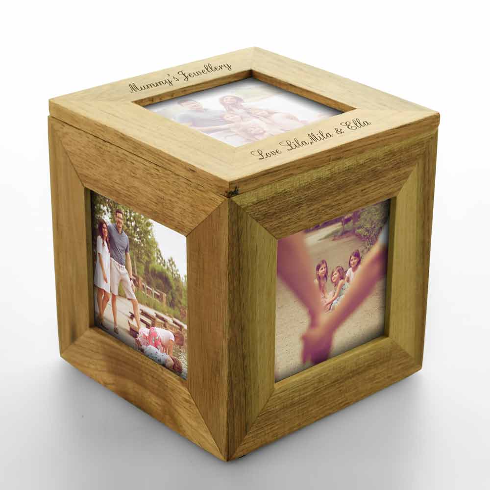 PERSONALISED WOODEN Oak Multiple PHOTO I We Love My Our Frame Keepsake Cube 
