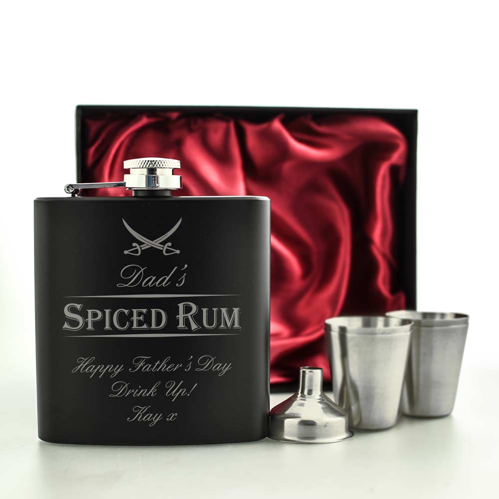 Personalised Spiced Rum Black Hip Flask Set - Click Image to Close