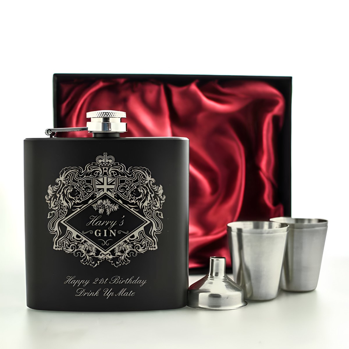 Personalised Gin Black Hip Flask Set - Click Image to Close