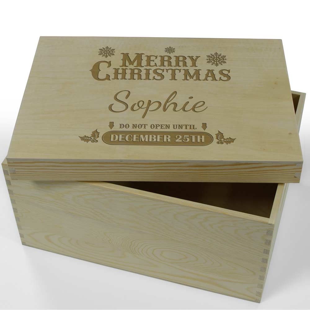 Personalised Wooden Merry Christmas Box With Lift Off Lid - Click Image to Close