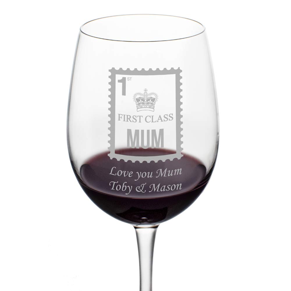 Personalised First Class Mum Wine Glass - Click Image to Close