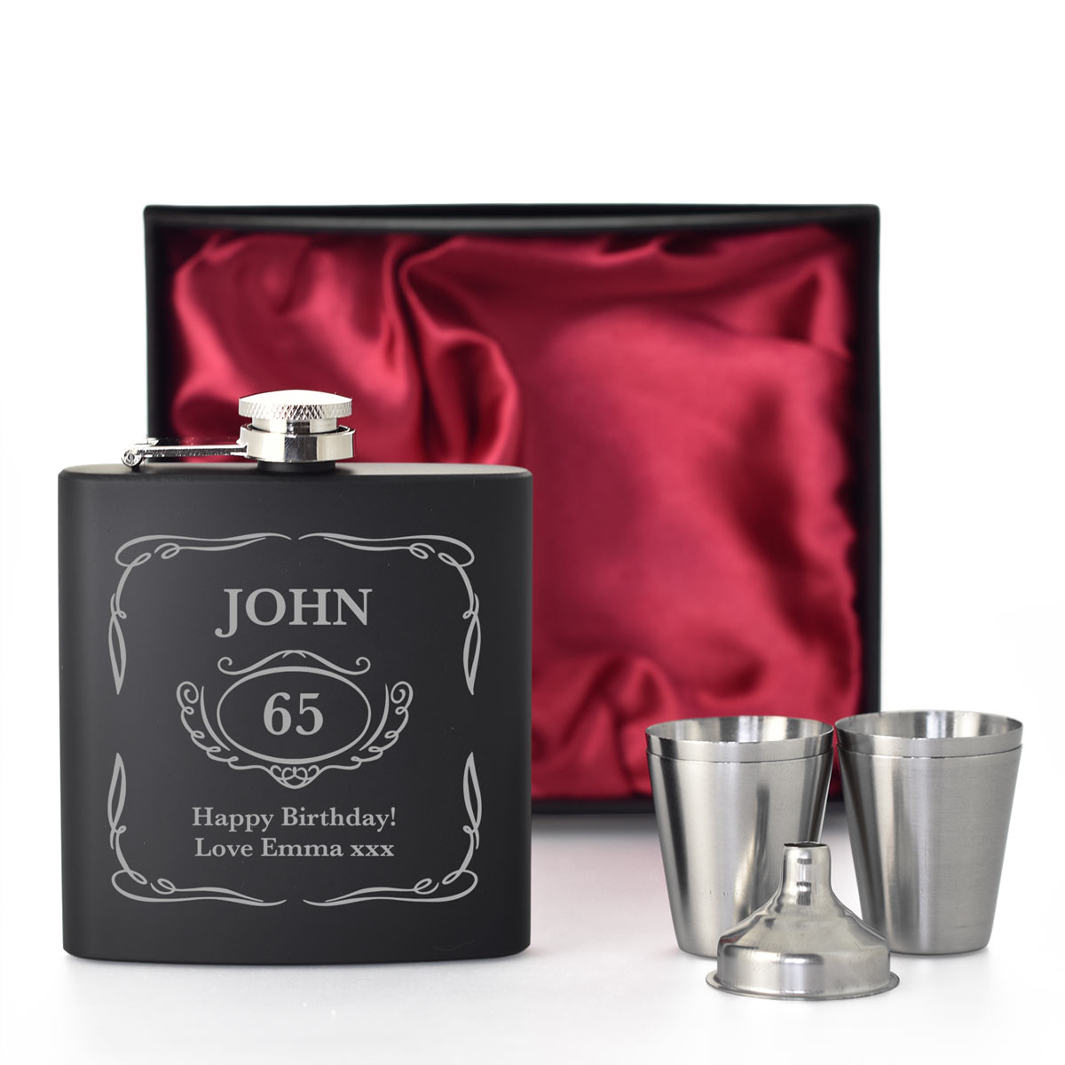 Personalised Whisky Black Hip Flask Set - Click Image to Close