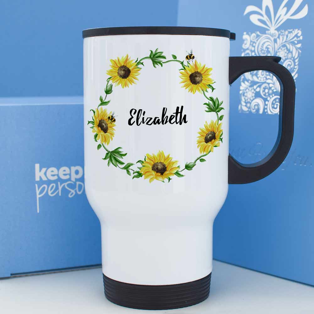 Personalised 14oz Travel Flask - Sunflowers - Click Image to Close
