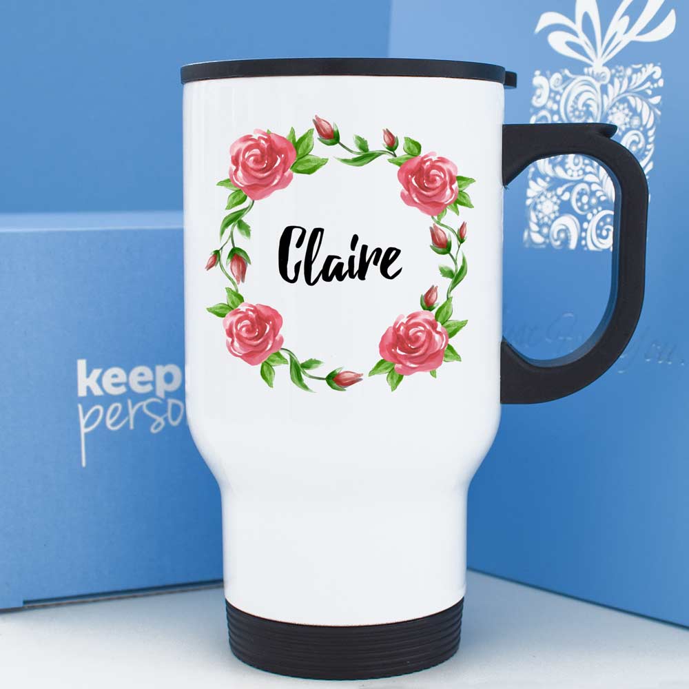 Personalised 14oz Travel Flask - Roses - Click Image to Close