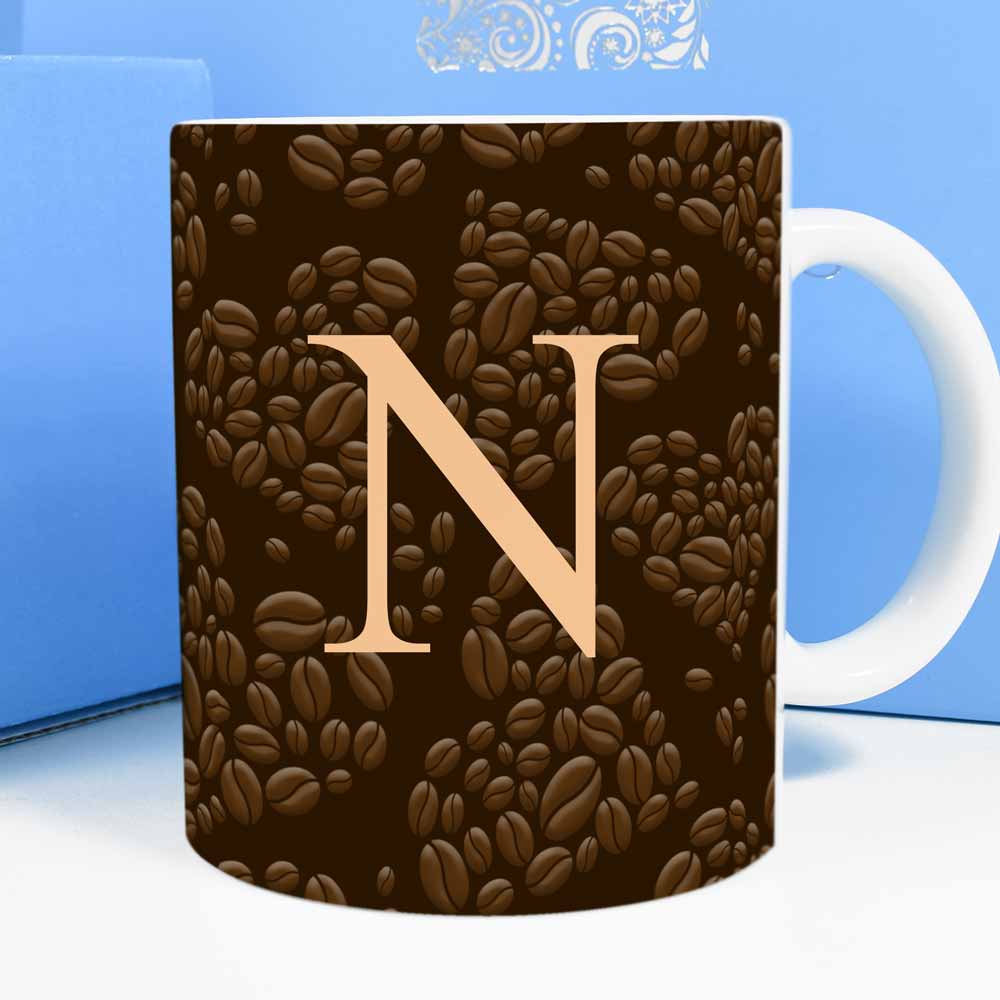 Personalised Mug - Coffee Bean Heart And Initial - Click Image to Close