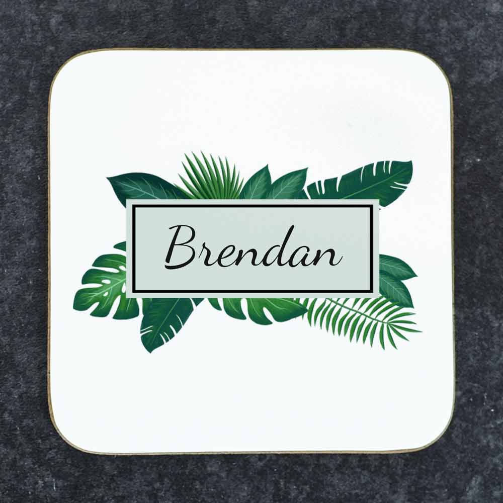 Personalised Coaster - Tropical Leaves Any Name - Click Image to Close