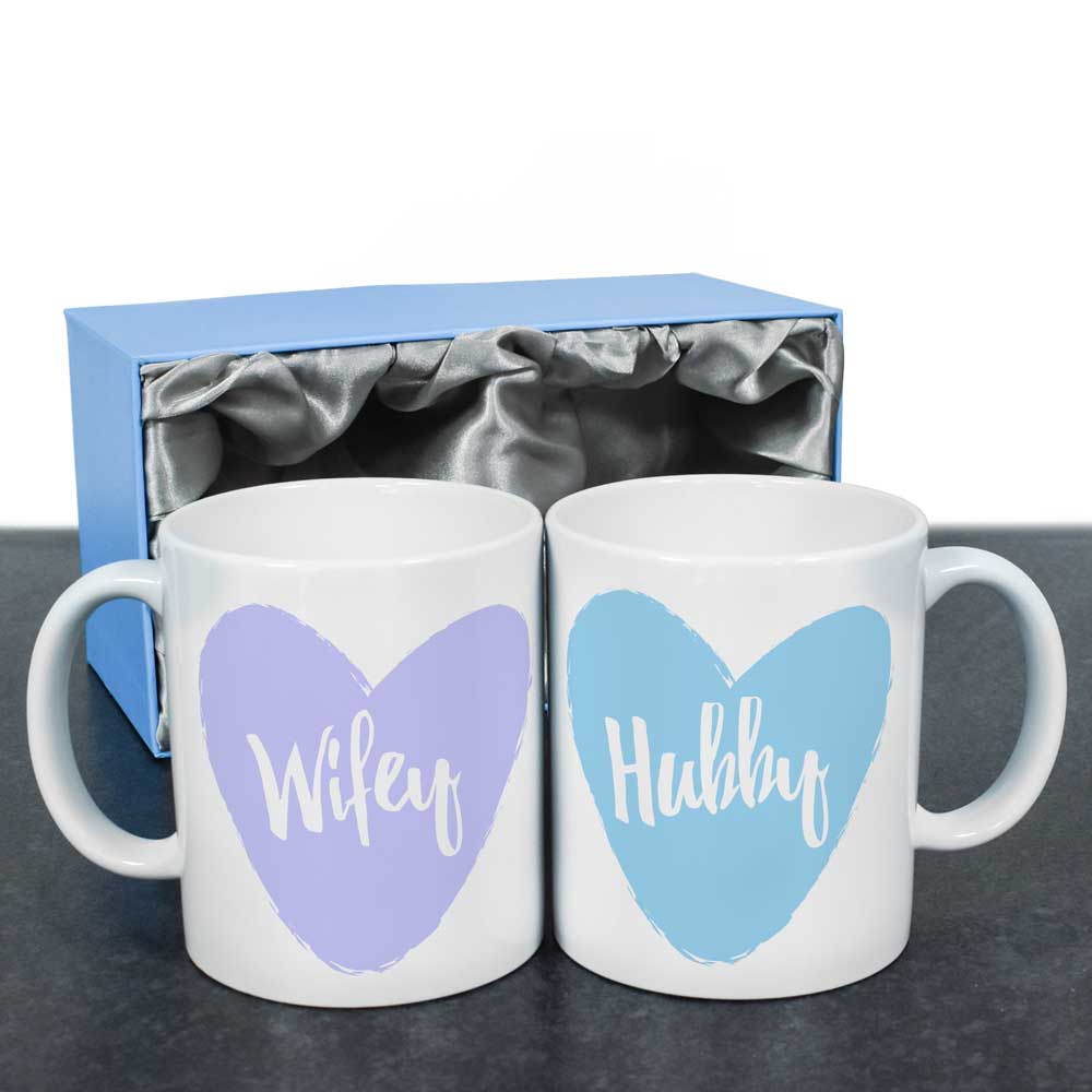Personalised Wifey And Hubby Love Heart Set Of Mugs - Click Image to Close