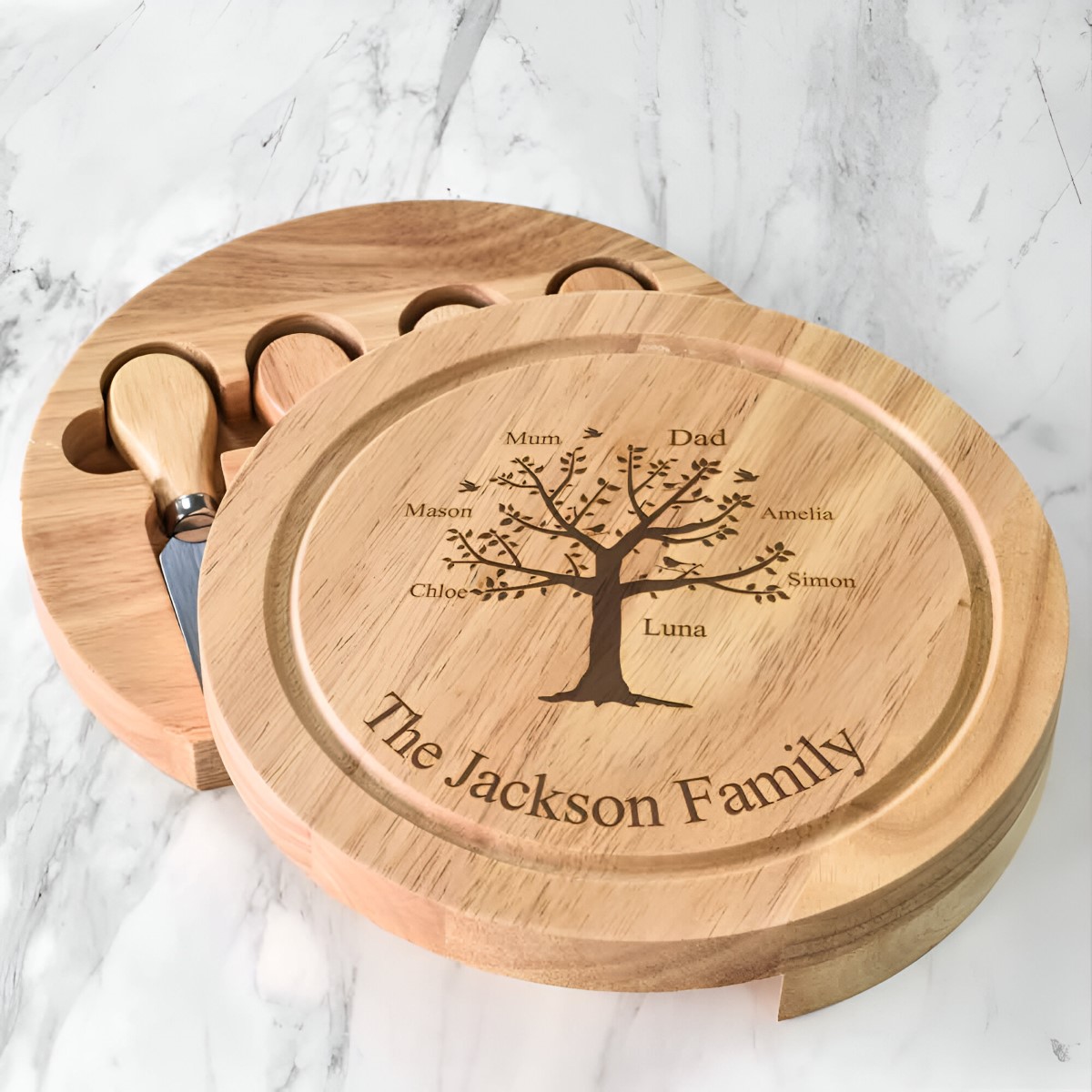 Personalised Wooden Cheeseboard Set - Family Tree - Click Image to Close