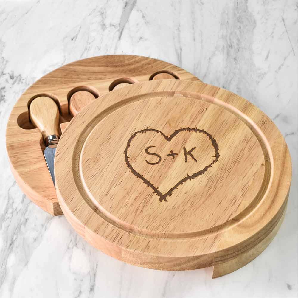 Personalised Wooden Cheeseboard Set - Carved Love Heart - Click Image to Close