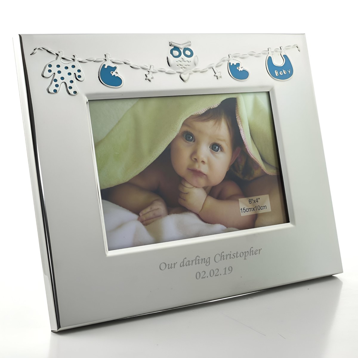 Personalised Baby Clothes Silver Frame - Blue - Click Image to Close