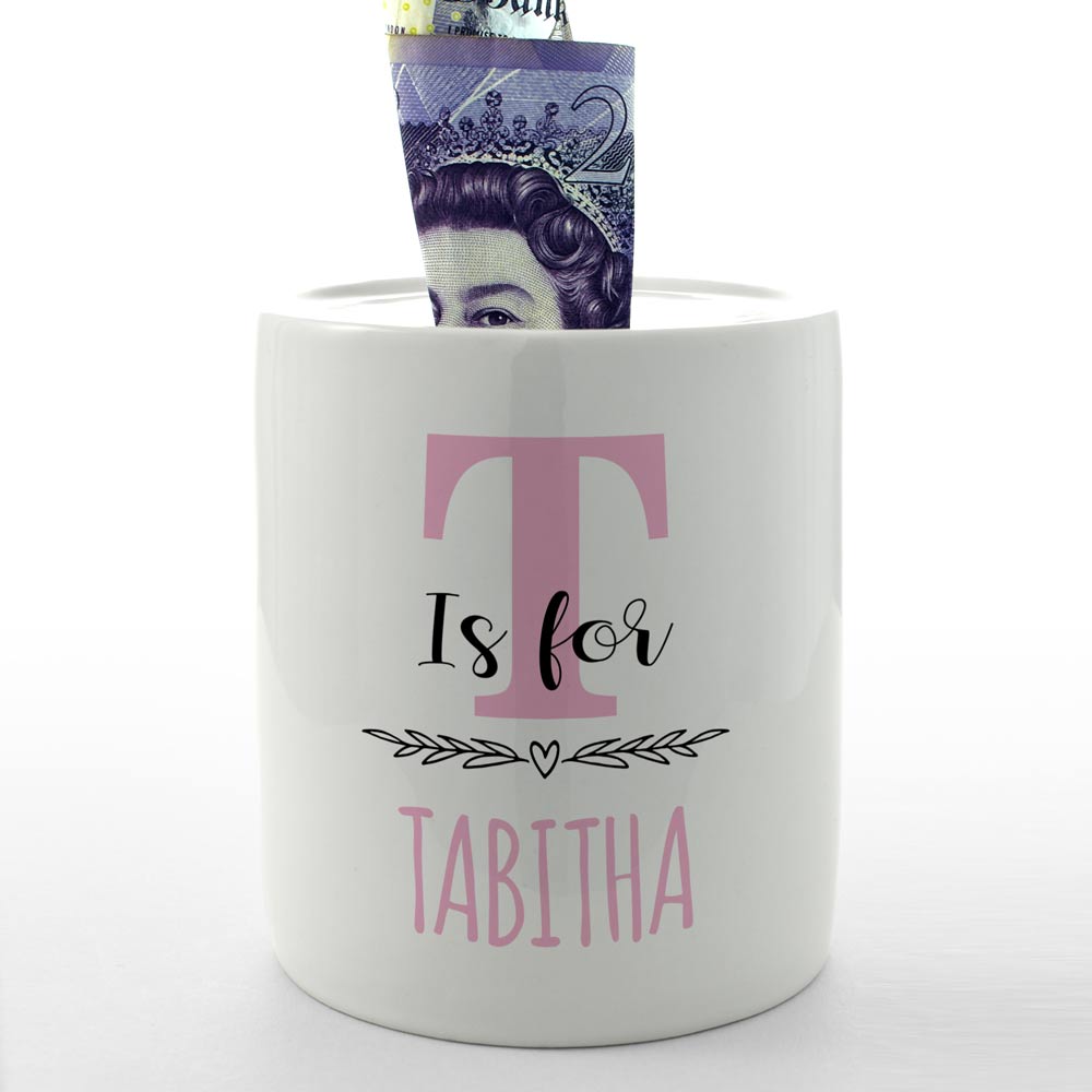 Personalised Money Box - Name & Initial Pink - Click Image to Close