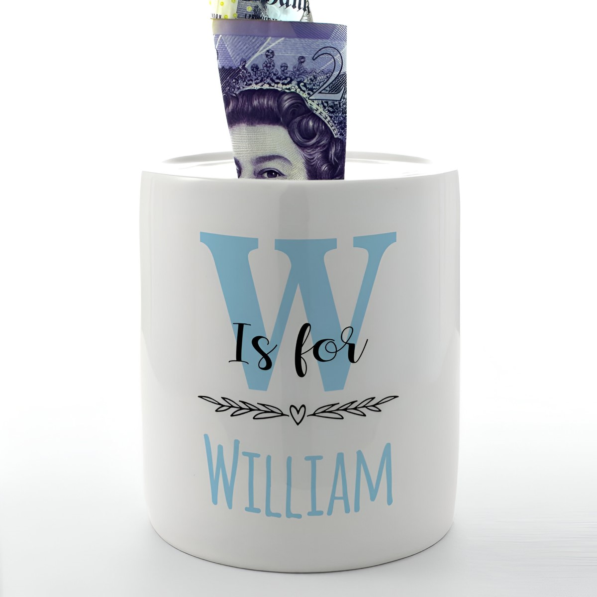 Personalised Money Box - Name & Initial Blue - Click Image to Close