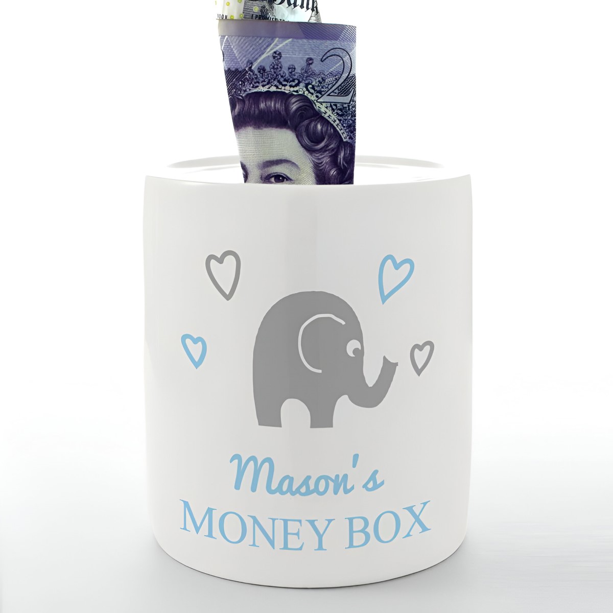 Personalised Money Box - Baby Elephant Blue - Click Image to Close