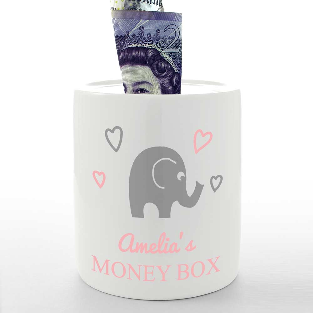 Personalised Money Box - Baby Elephant Pink - Click Image to Close
