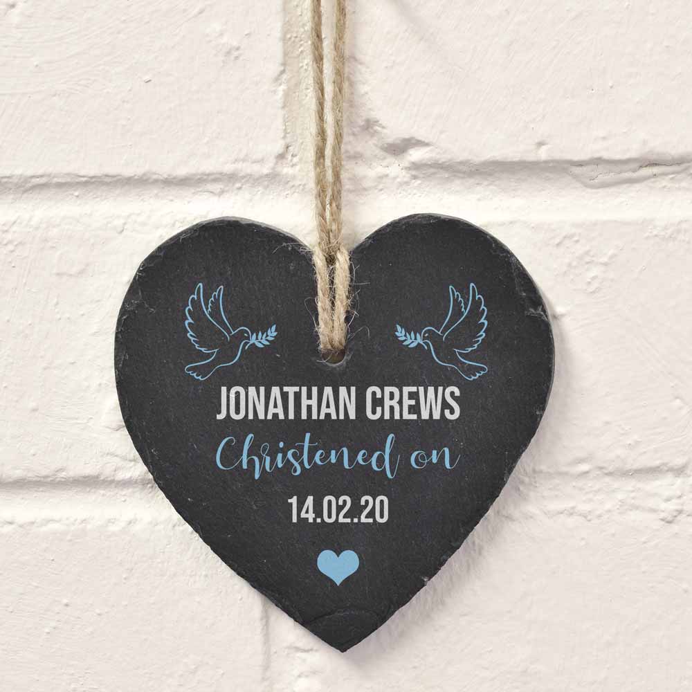 Personalised Hanging Slate Heart - Christened On Blue - Click Image to Close