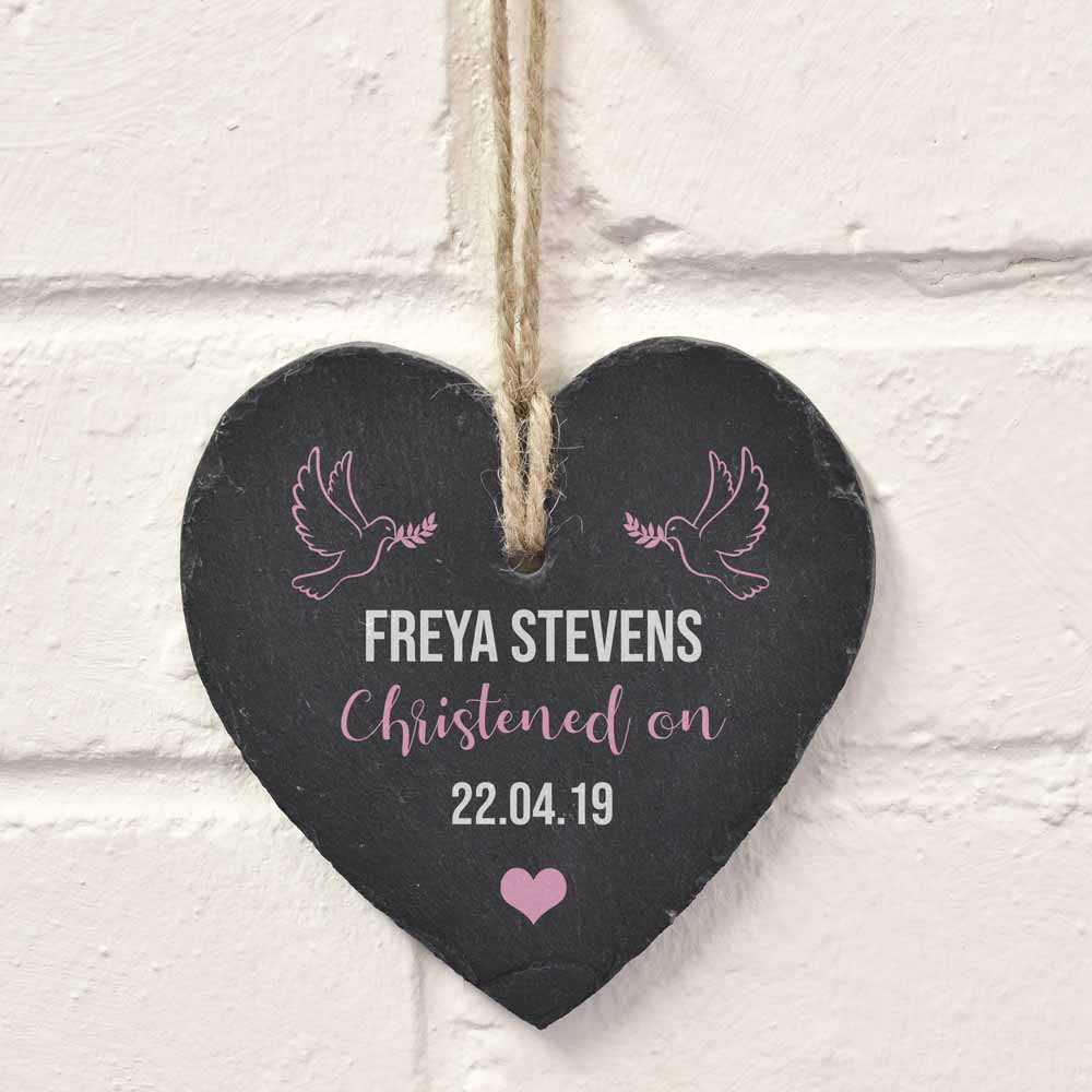 Personalised Hanging Slate Heart - Christened On Pink - Click Image to Close