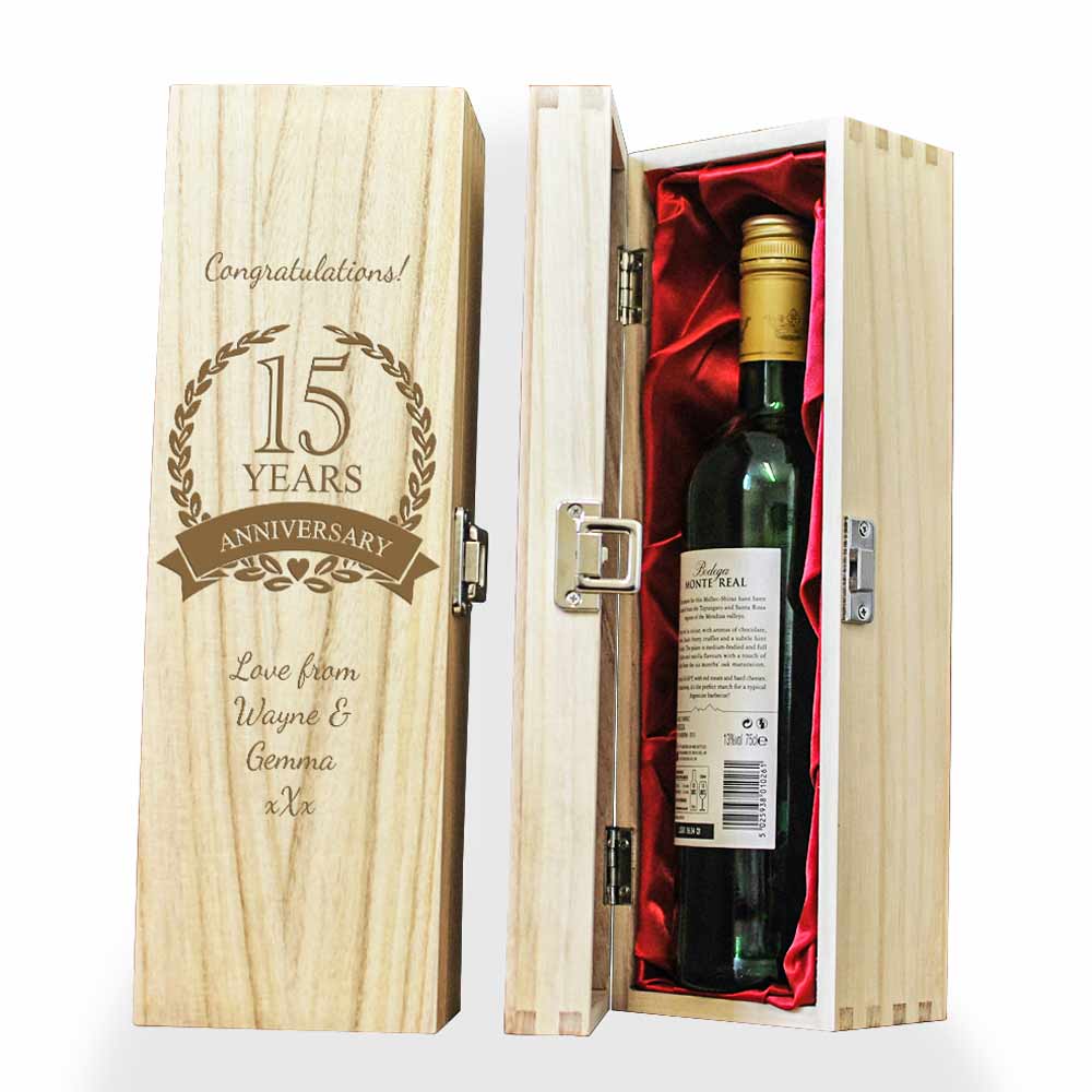 Personalised 15th Wedding Anniversary Wooden Wine Box - Click Image to Close